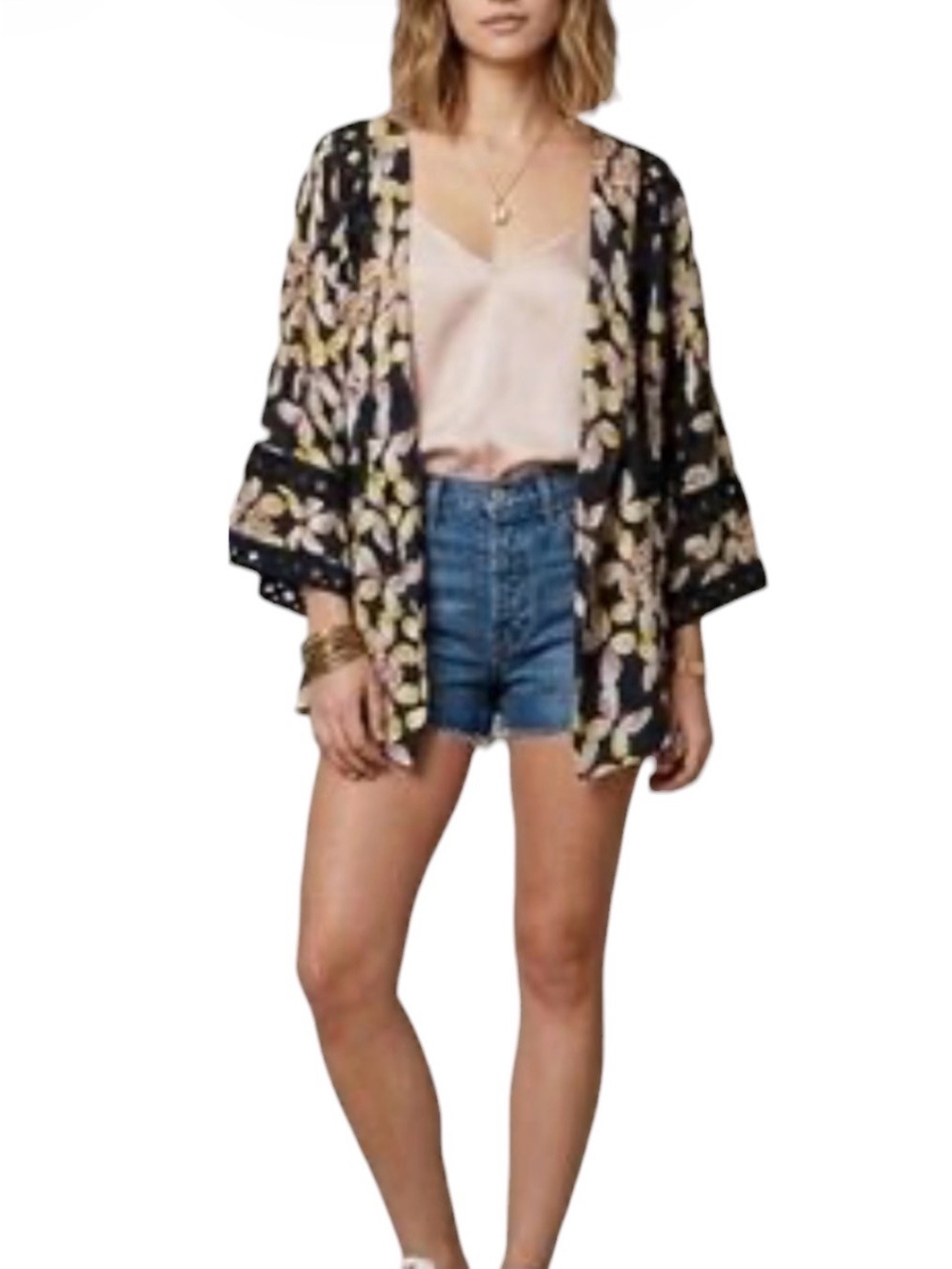Meadow Rue Silk Floral Kimono Coverup Topper Size Small Lattice Navy Pink Multi